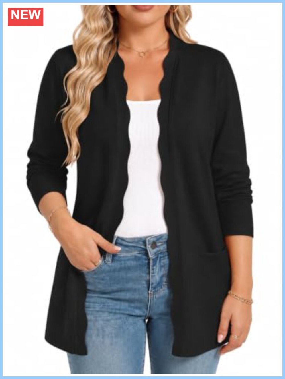 Plus Size Lightweight Long Open Front Cardigan Sweater Scalloped Pockets